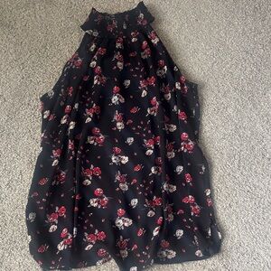 LOFT Black Blouse with Red Floral Print